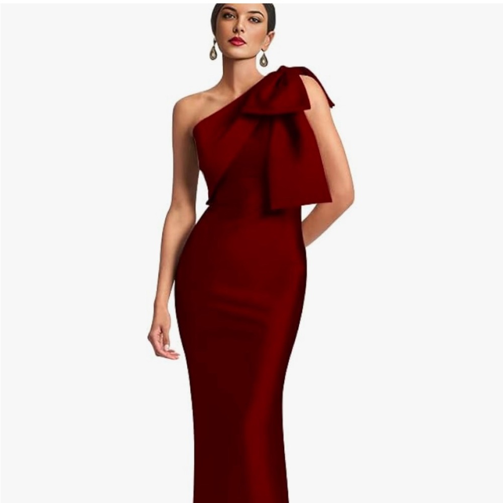 Burgundy one shoulder bow gown